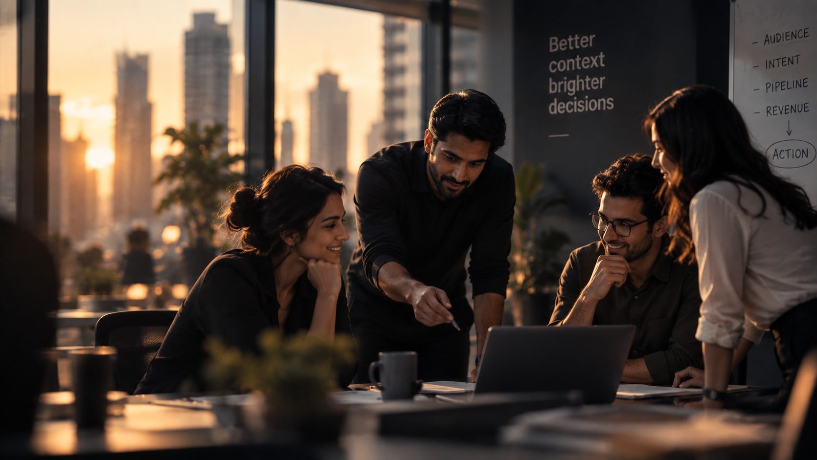 A marketing team reviewing performance together at a laptop