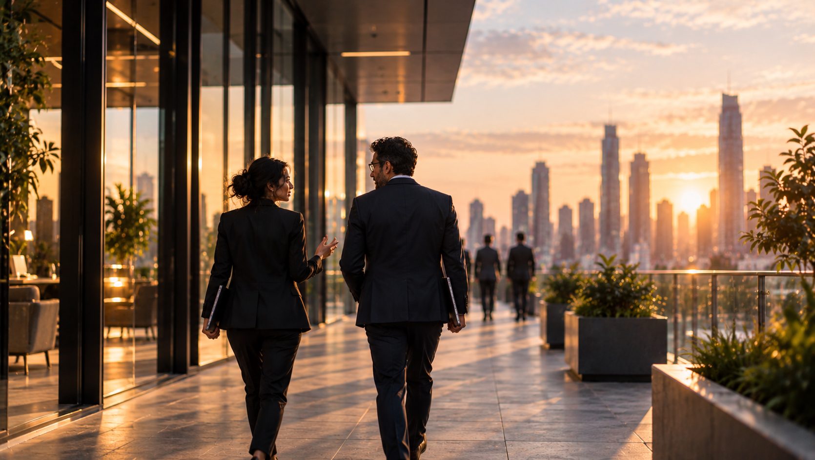 Two colleagues in conversation walking through an office terrace at sunset